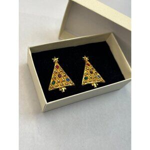 Vintage Gold-Tone Christmas Tree Clip-On Earrings With Multicolor Rhinestones In